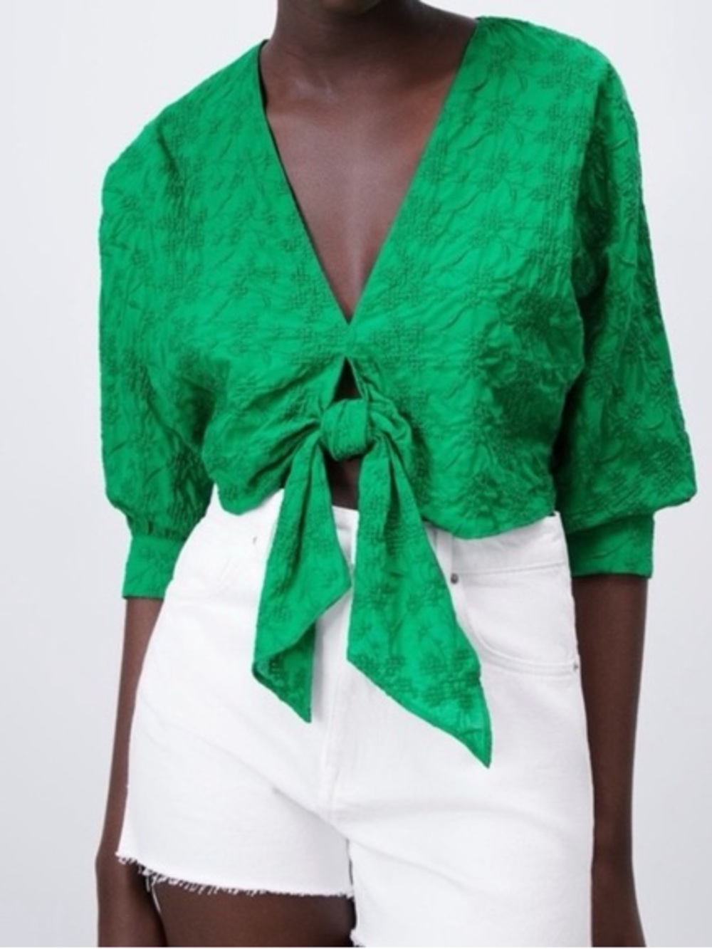 Zara Emerald Tie-Front V-Neck Crop Top